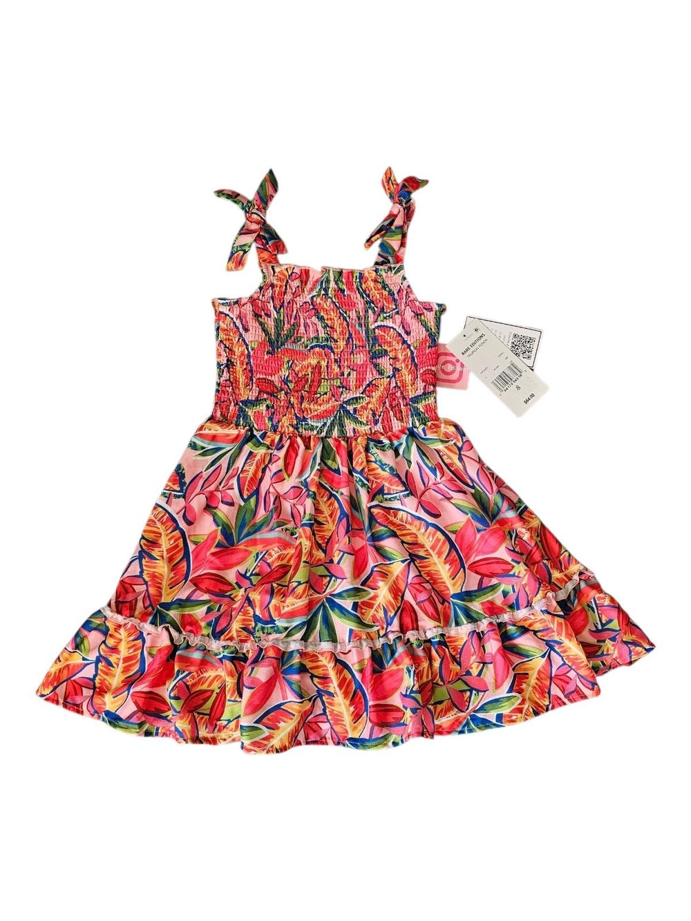 Rare Editions Pink Tropical Leaf Tiered Sundress with Tie Straps